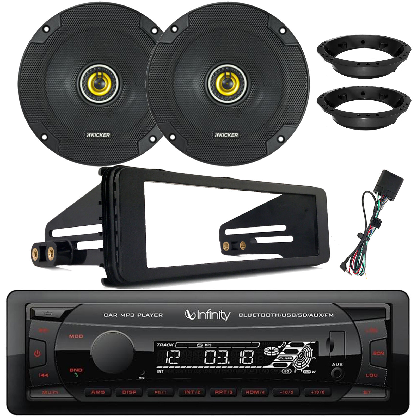 Infinity Radio Receiver, 2x 6.5" 300W Speakers w/Adapters, Harley Install Kit