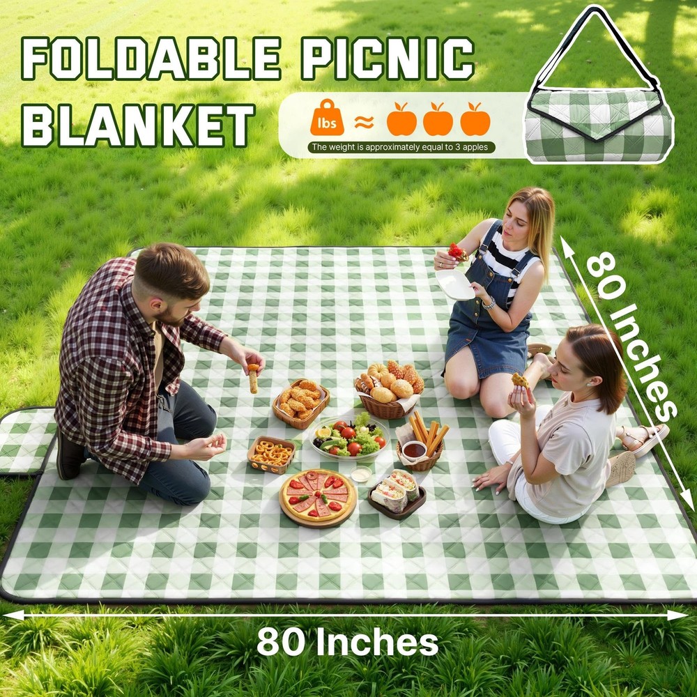 TigeJoy Extra Large Picnic Blanket 6'8" x (Rectangular), Green