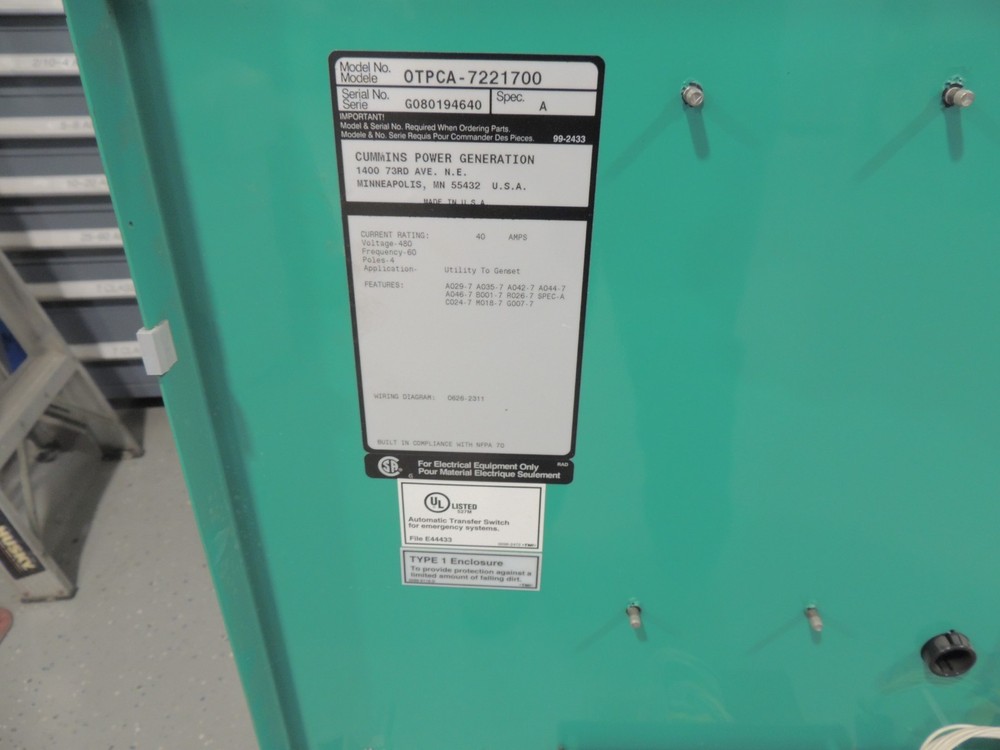Cummins PowerCommand Automatic Transfer Switch OTPCA-7221700 40A 480V 4P