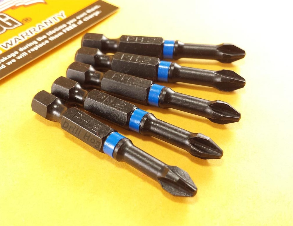 Drill Hog® #2 Phillips Insert Bits 2x2 Power Bits Impact Lifetime Warranty 5 Pc