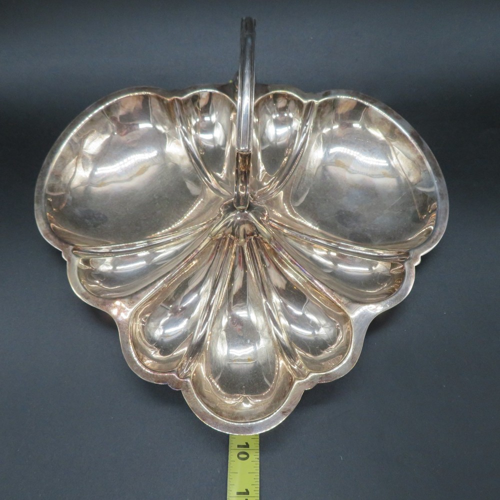 VTG EPNS Handled Silver Plate Bon-Bon Tray Shell Scallop 3 compartment 9.5"