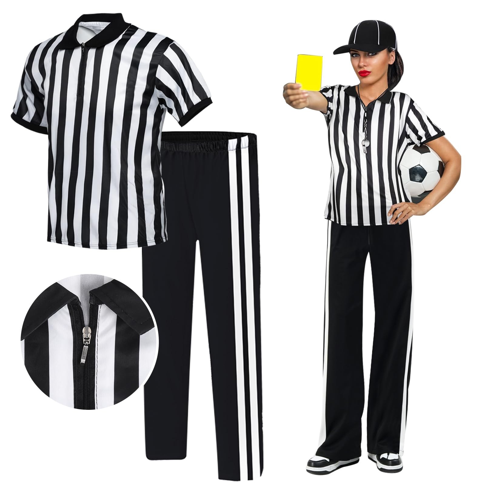 Mens Referee Shirt Black White Stripes Umpire Jersey Yellow Penalty Flag Hat