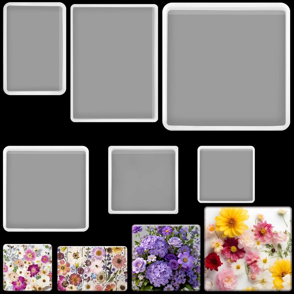Patelai 6 Sizes Silicone Coaster Resin Molds Kit Square Rectangular White