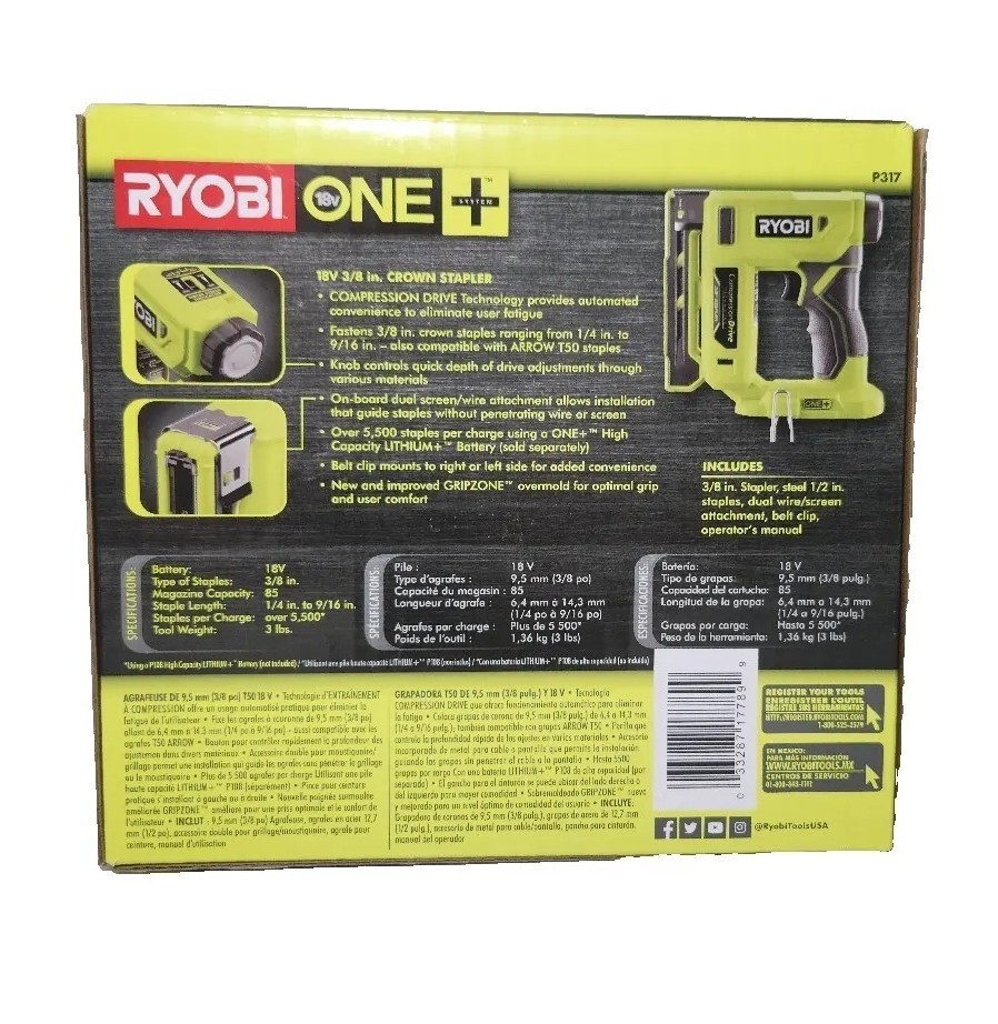 Ryobi P317 ONE+ 18V Cordless Compression Drive 3/8 in. Stapler (Tool Only) NEW!