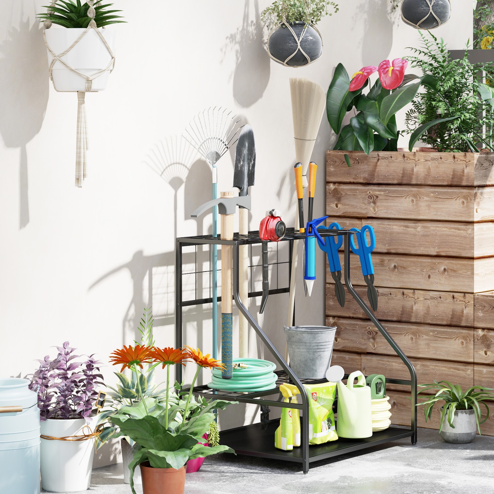 Outsunny Garden Tool Organizer for Garage, 3 Tier Yard Tool Holder, Blue