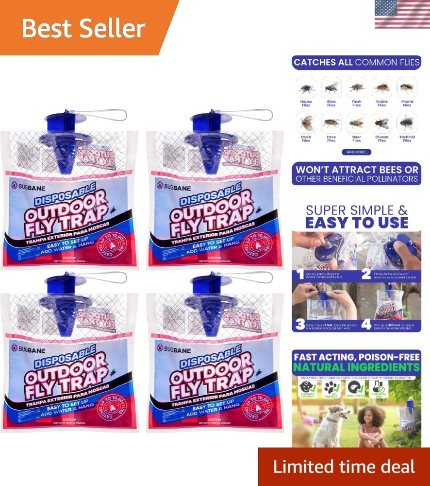Easy Setup Outdoor Fly Traps - 4 Non-Toxic Bait Bags for Efficient Bug Control