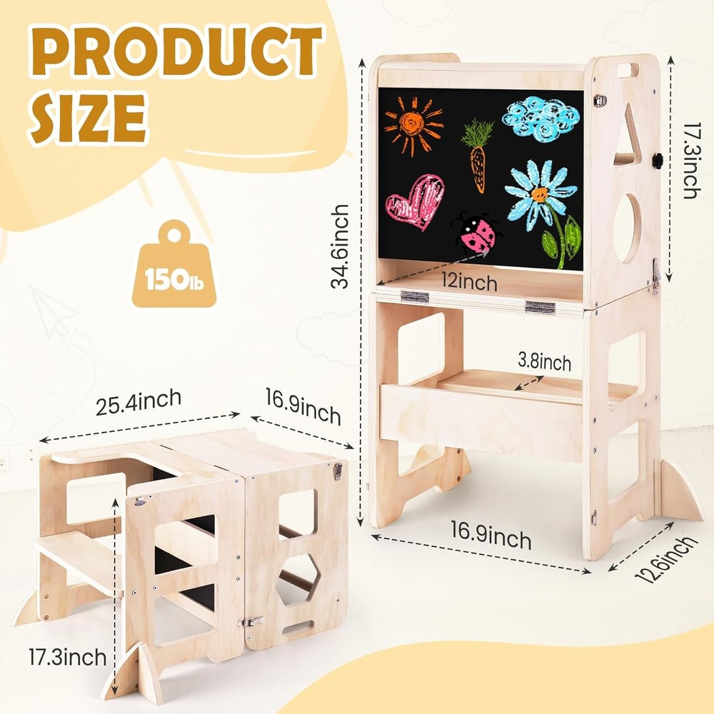 4-in-1 Toddler Kitchen Step Stool, Foldable Learning Standing Tower with
