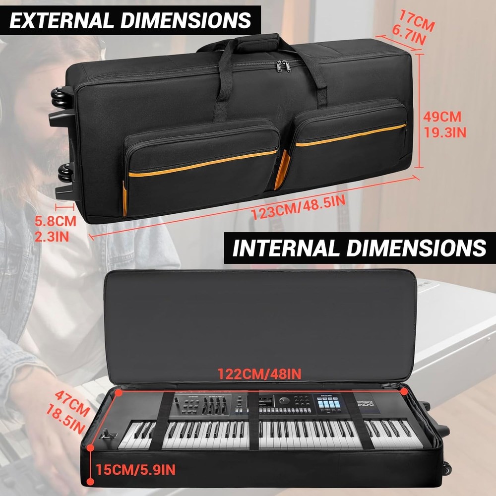 73/76 Key Keyboard Case with Wheels & Adjustable Shoulder Straps– Padded Roll...