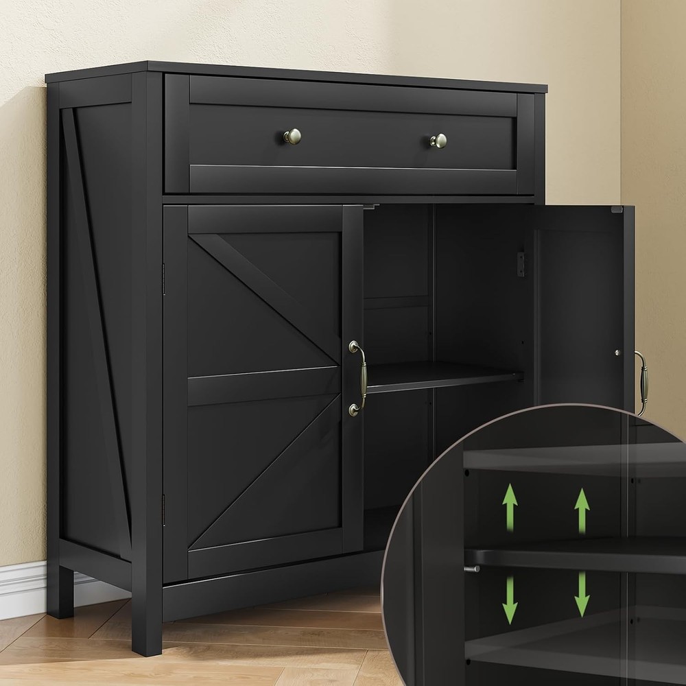Buffet Sideboard W/ 2 Barn Doors,Black Kitchen Cabinet W/ Adjustable Shelf