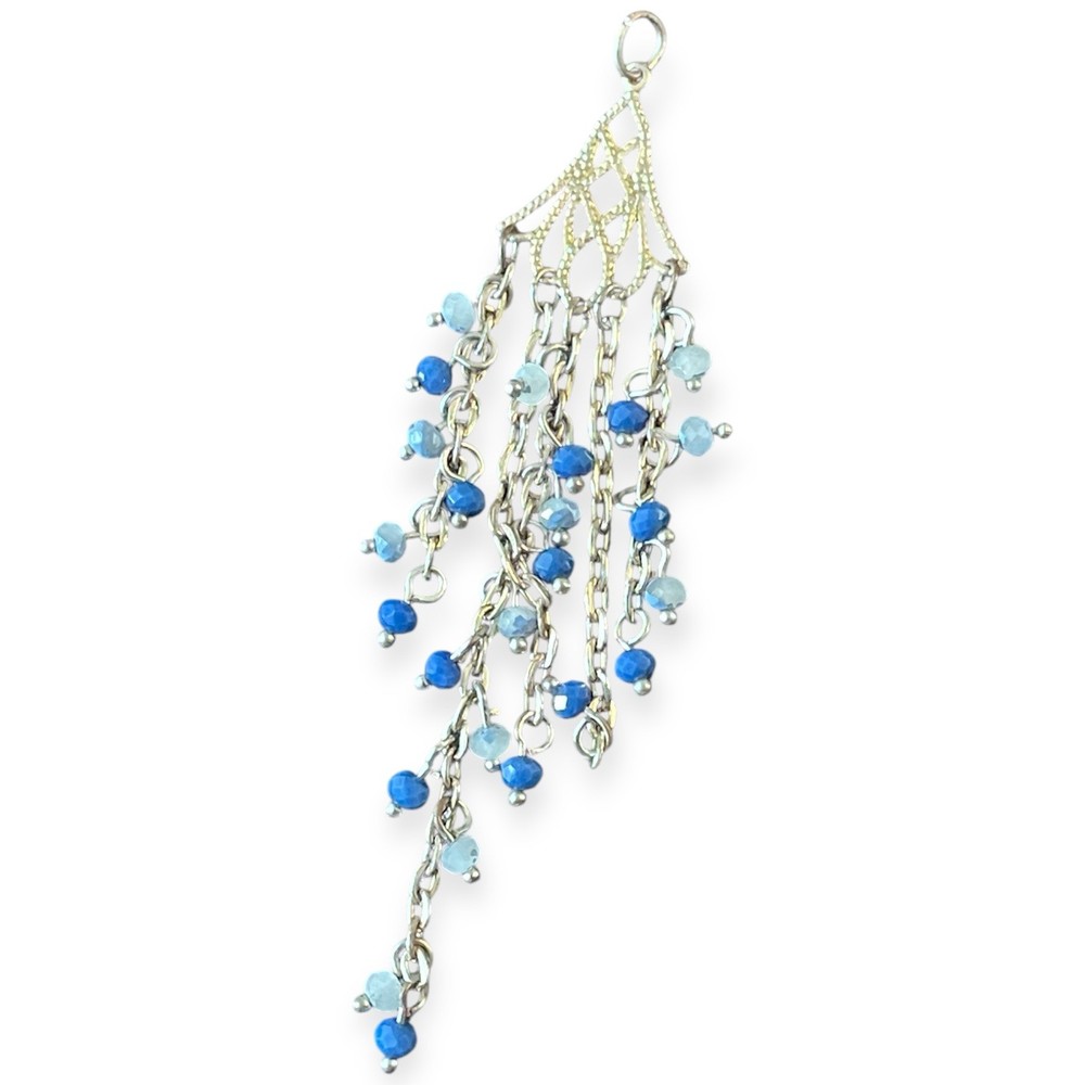 Long Silver Tone Chandelier Pendant | Blue Beaded Dangle Statement Charm