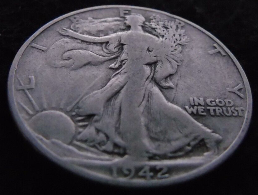 1942-P WALKING LIBERTY 90% SILVER HALF DOLLAR 50C Cent 1/2 STRIKE THROUGH ERROR