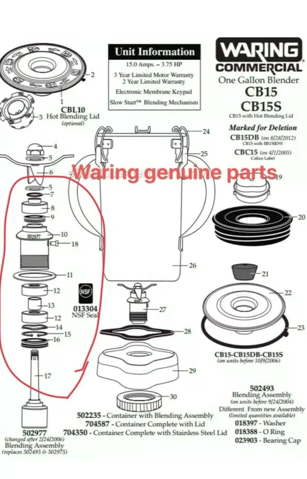 2 pieces Waring bearing 018386+V-seals REBUILD KIT for cb6 cb10 cb15 blender