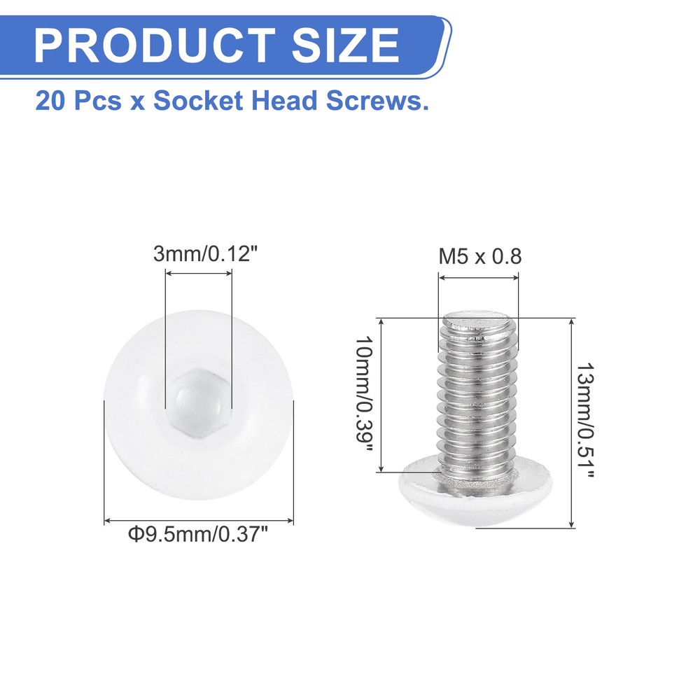 20 Pcs M5-0.8 x 10mm Button Head Socket Cap Screw Machine Screw, White