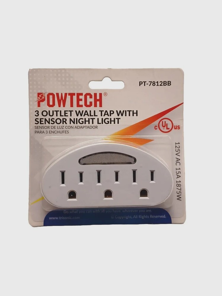 2 Pack 3 Outlet Wall Tap with Sensor Night Light Grounded Outlets
