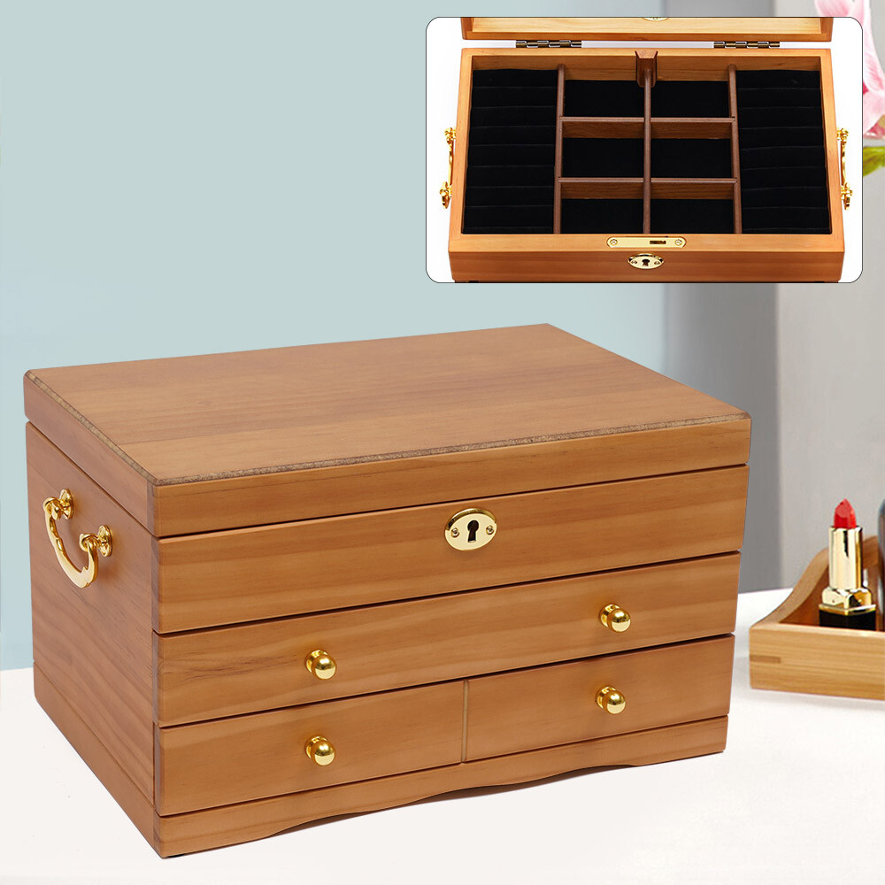 3 Layers Jewelry Storage Box+Mirror+Lock Multi-function Jewelry Box Gift Present