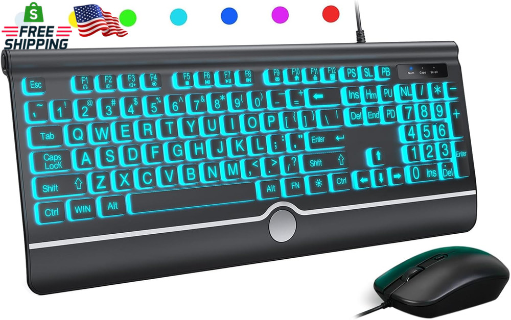 Wired Keyboard and Mouse Combo - Large Print Light up Keyboard, USB Silent Wired