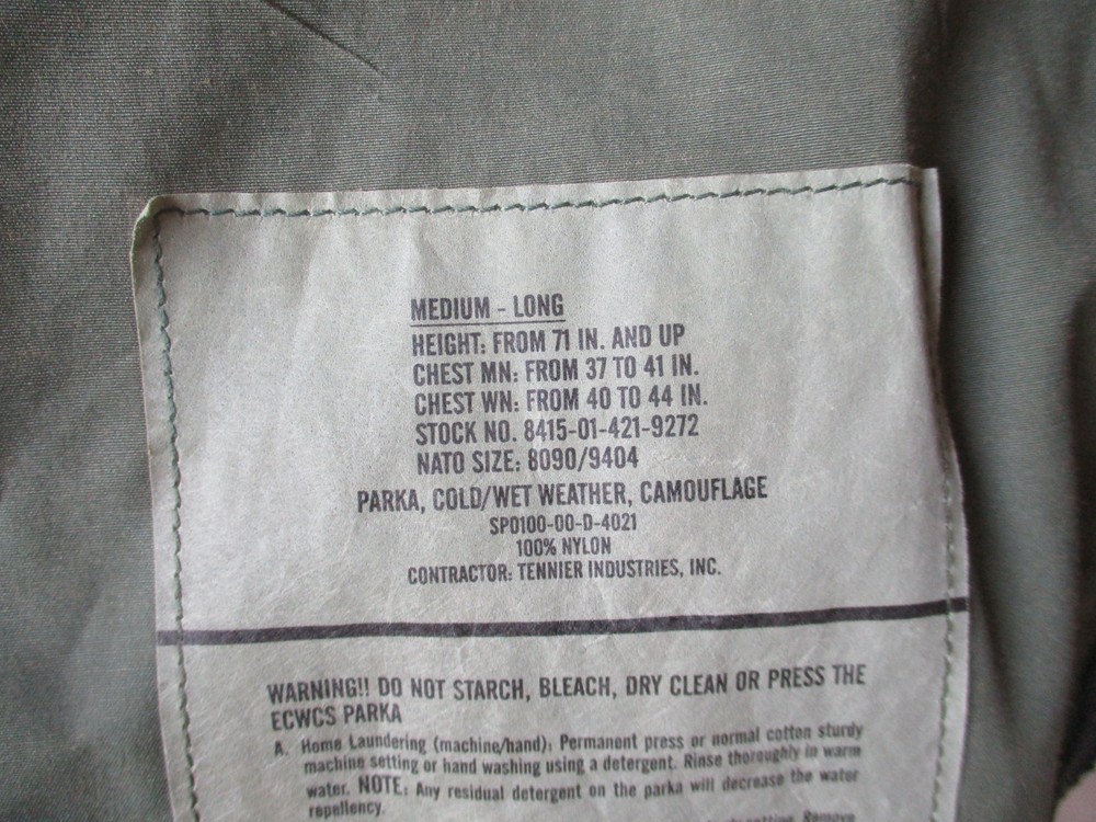 USMC 2nd Pattern Woodland BDU Gore Tex Rain Jacket, ECWCS Parka, MEDIUM LONG