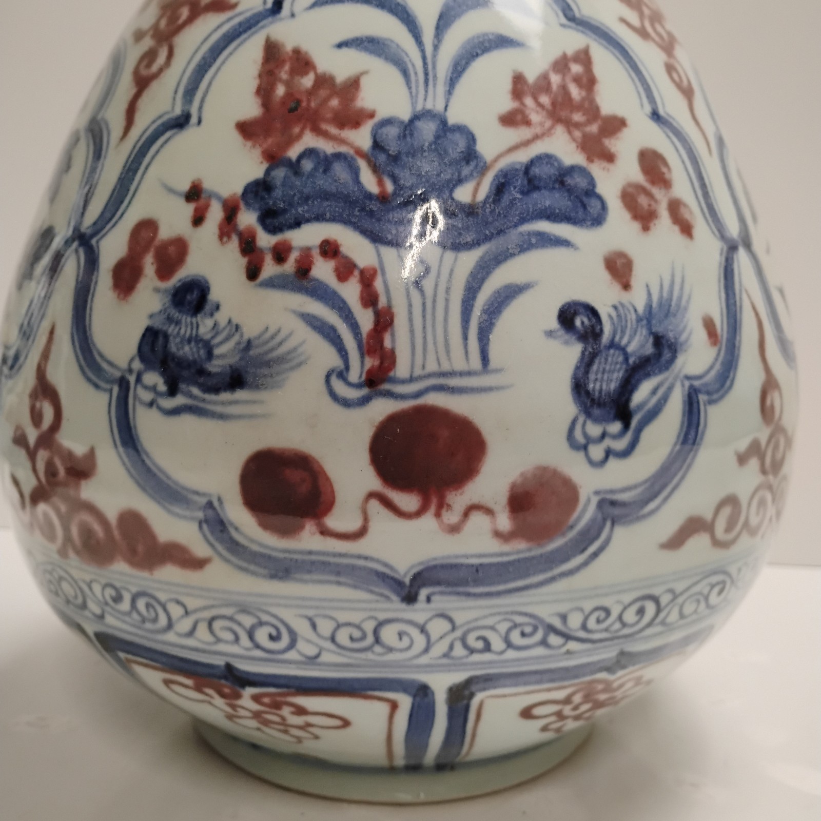 PAIR 20th Century Chinese Blue Copper Red & White Hand Painted Garlic Vase 20"
