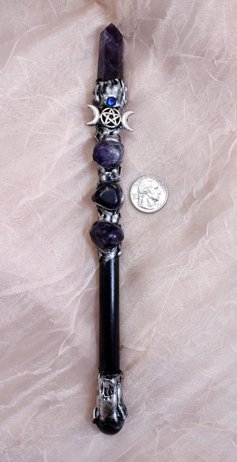 Magic Wand Amethyst Point & Silver Triple Moon Pentacle 10" Wiccan Pagan Witch