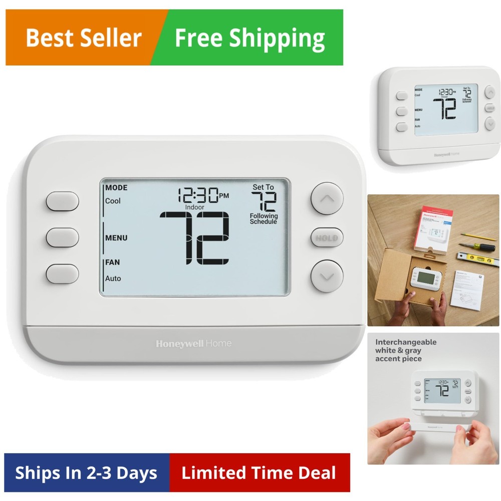 New! Programmable Thermostat, Single-Stage, 1 Heat/1 Cool Compatibility, Flex...