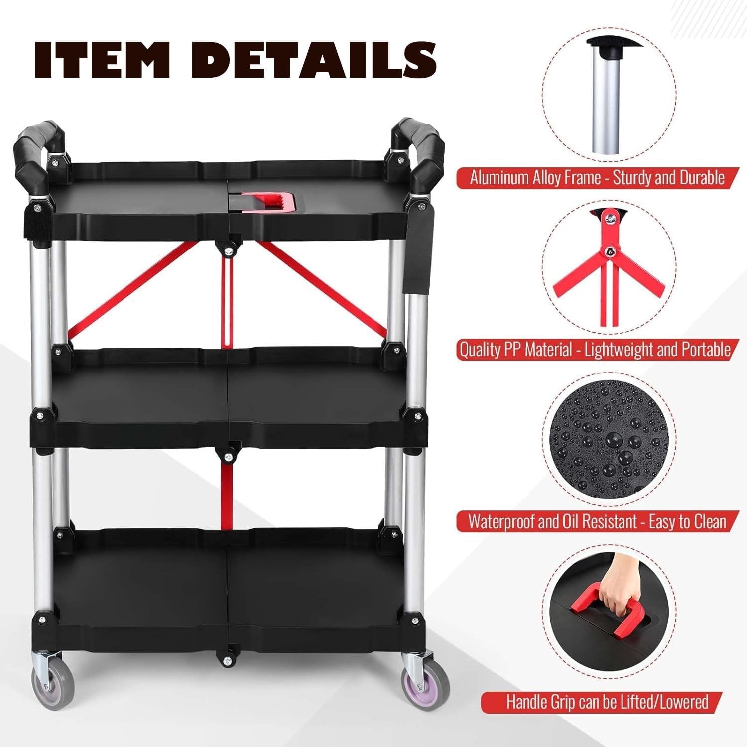 3 Tier Folding Service Cart Utility Trolley w/ Wheels Collapsible Aluminum Frame