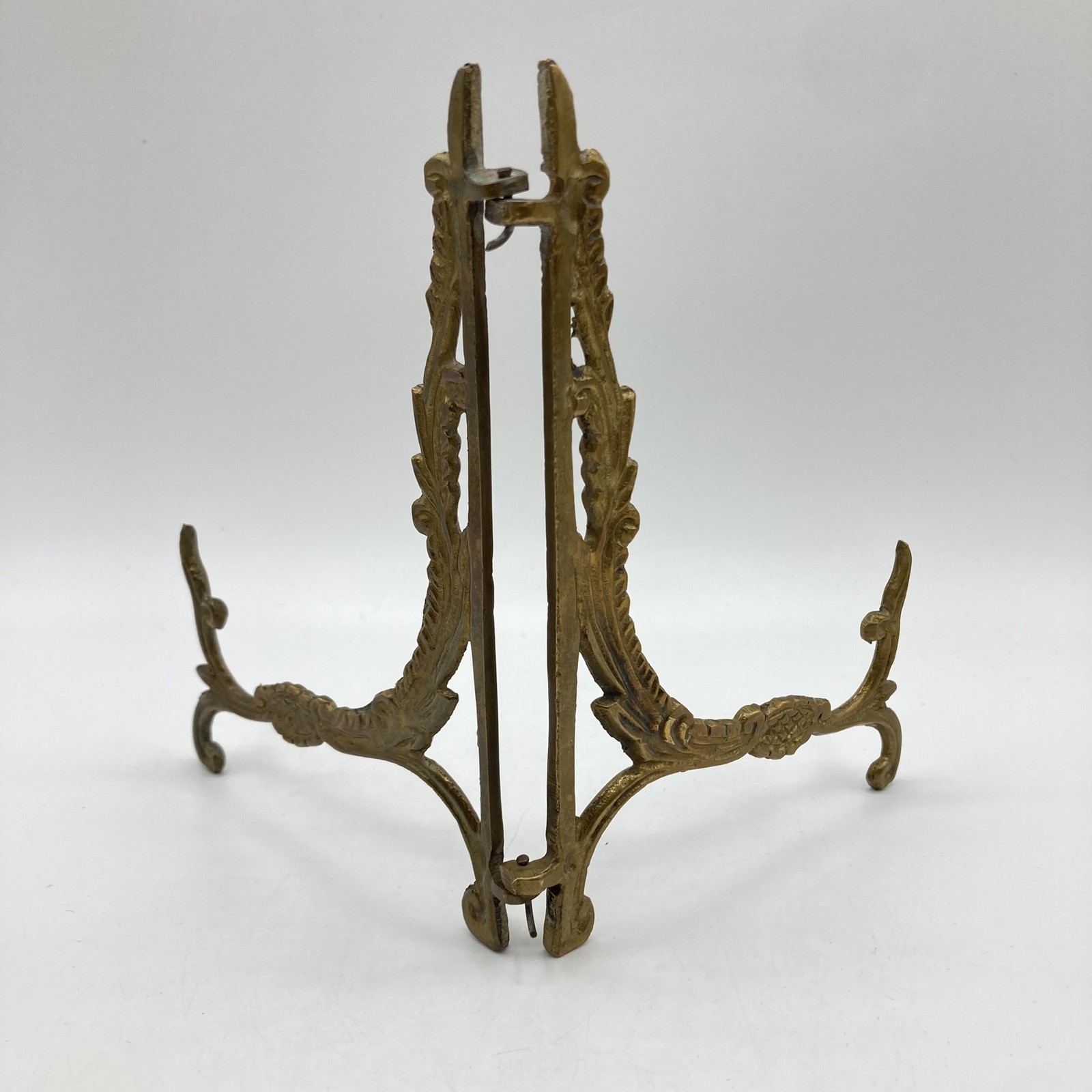 Vtg Ornate Brass Folding Tabletop Easel Photo Display Plate Holder Stand 6” H