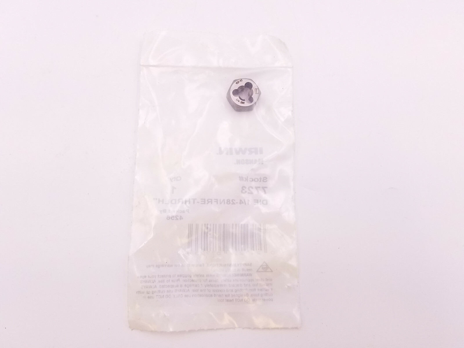 Irwin Hanson 7723 Die 1/4-28 NFRE - THRDLH Re-Threading 19/32" Hexagon Left-Hand