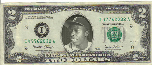 Braves Hank Aaron $2 Dollar bill Mint real