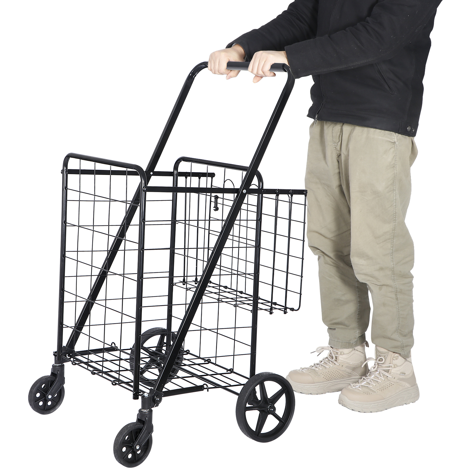 Portable Folding Shopping Cart Double Basket for Grocery Laundry W/Wheels Black