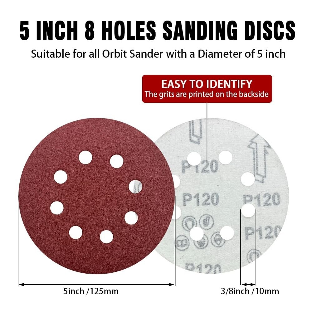 5" Sanding Discs 52 Pack 8 Hole Hook Loop Mixed Grit 60 80 120 320