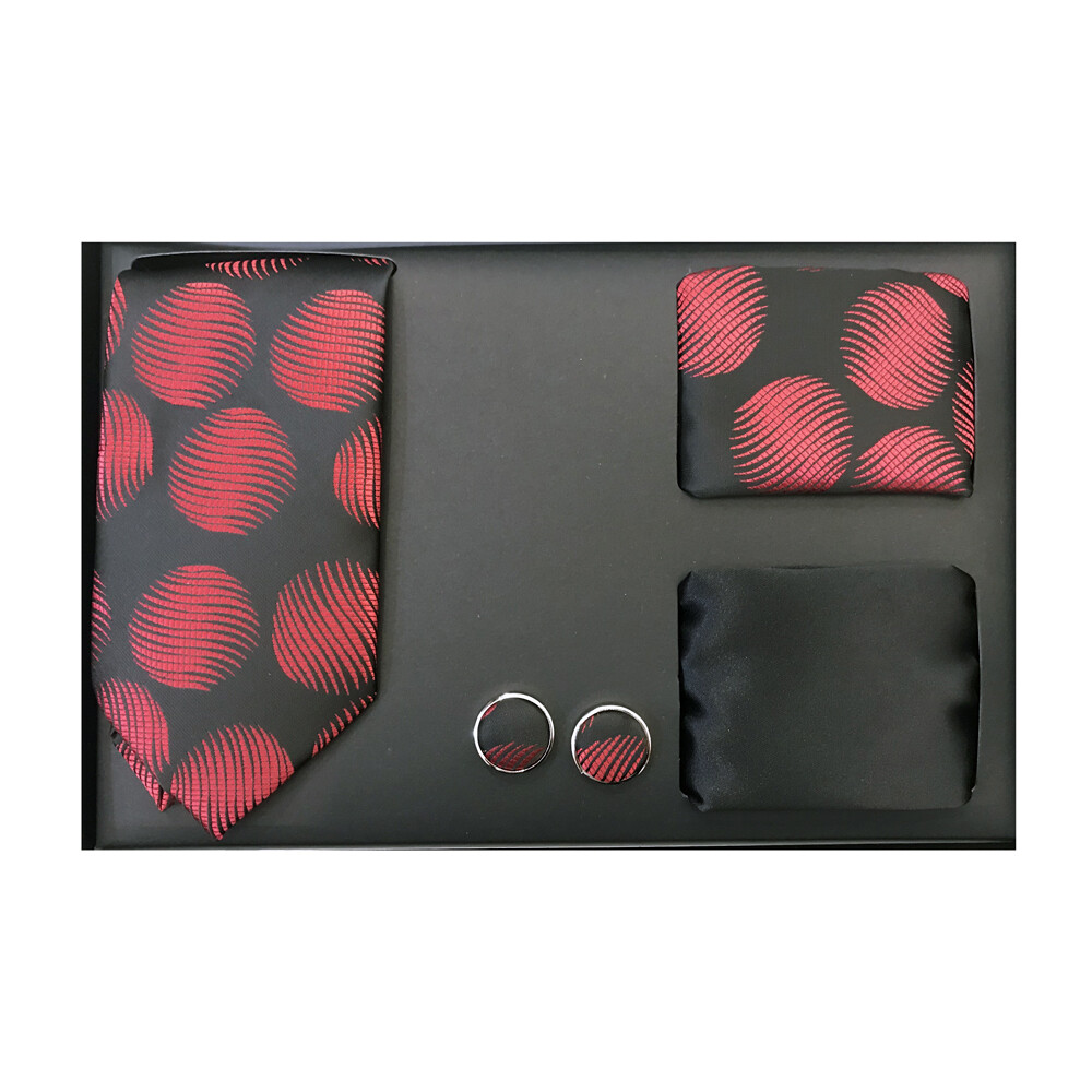 New Men's necktie solid & pattern hankie cufflinks 4 pc Gift Set Black Red