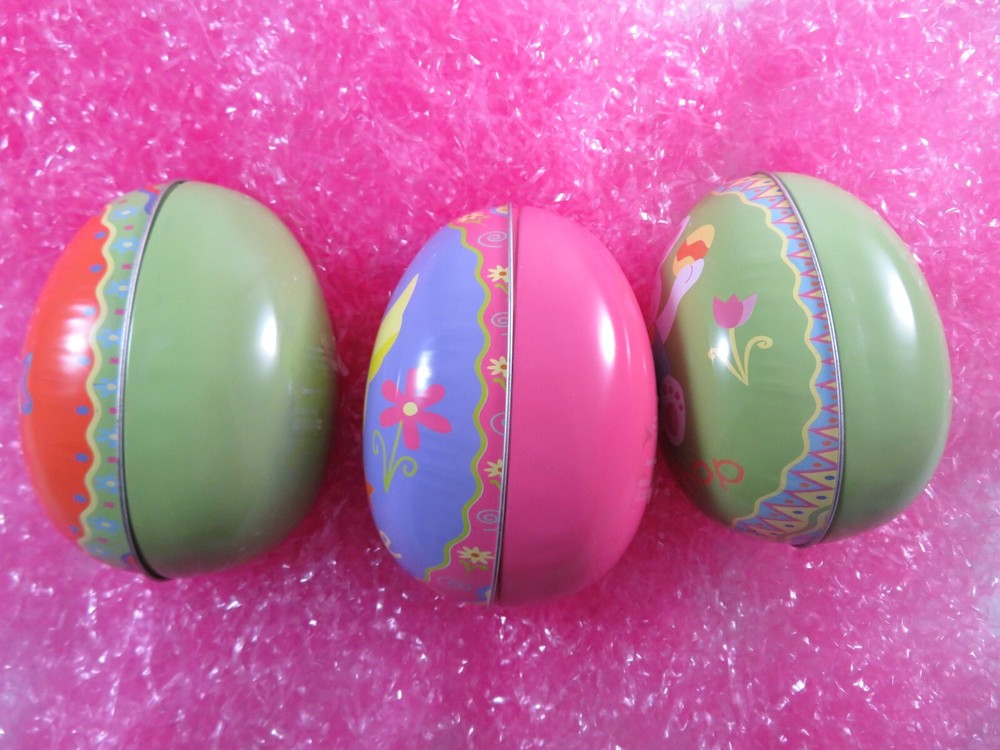 Tin Easter Eggs 3 Empty Candy Containers Spring Theme Hip-Hop Chickie Bloom