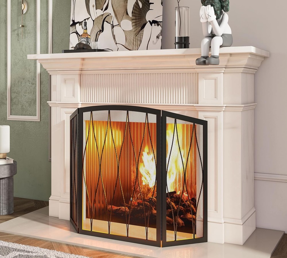 Childproof Fireplace Screen 3- Panel Modern Handcrafted Wrought Iron Foldable