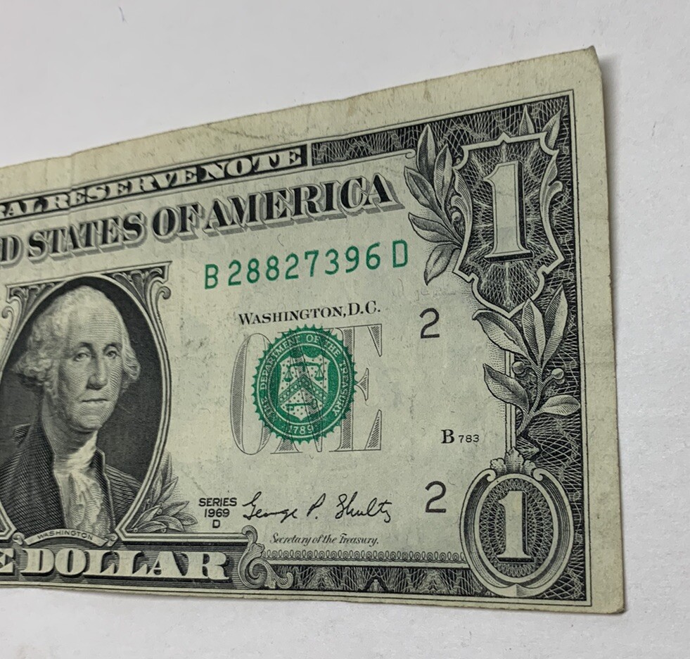1969 D $1 DOLLAR Bill MISALIGNMENT~ MISCUT ERROR ☆ FED RESERVE NOTE