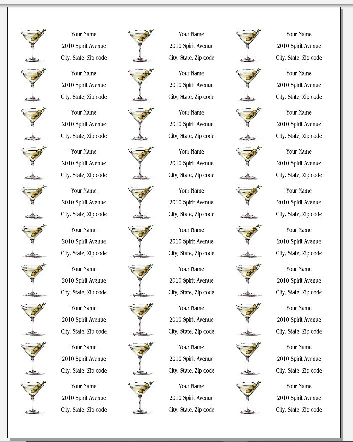 150 Martini Glass Olives Mailing Return Address Labels Personalized