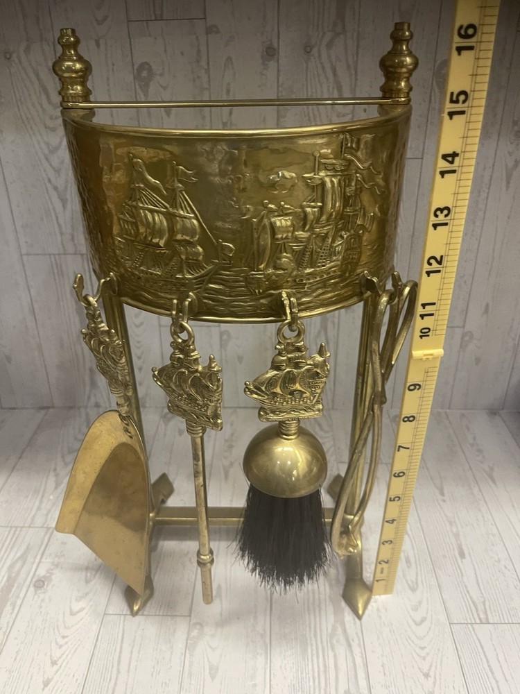 VTG Nautical Solid Brass Fireplace Tools Complete Set 5 Piece HMS Victory