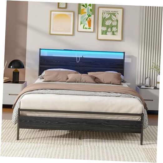Bed Frame,Size Metal Platform Bed Frame with Storage & LED Light Queen Black