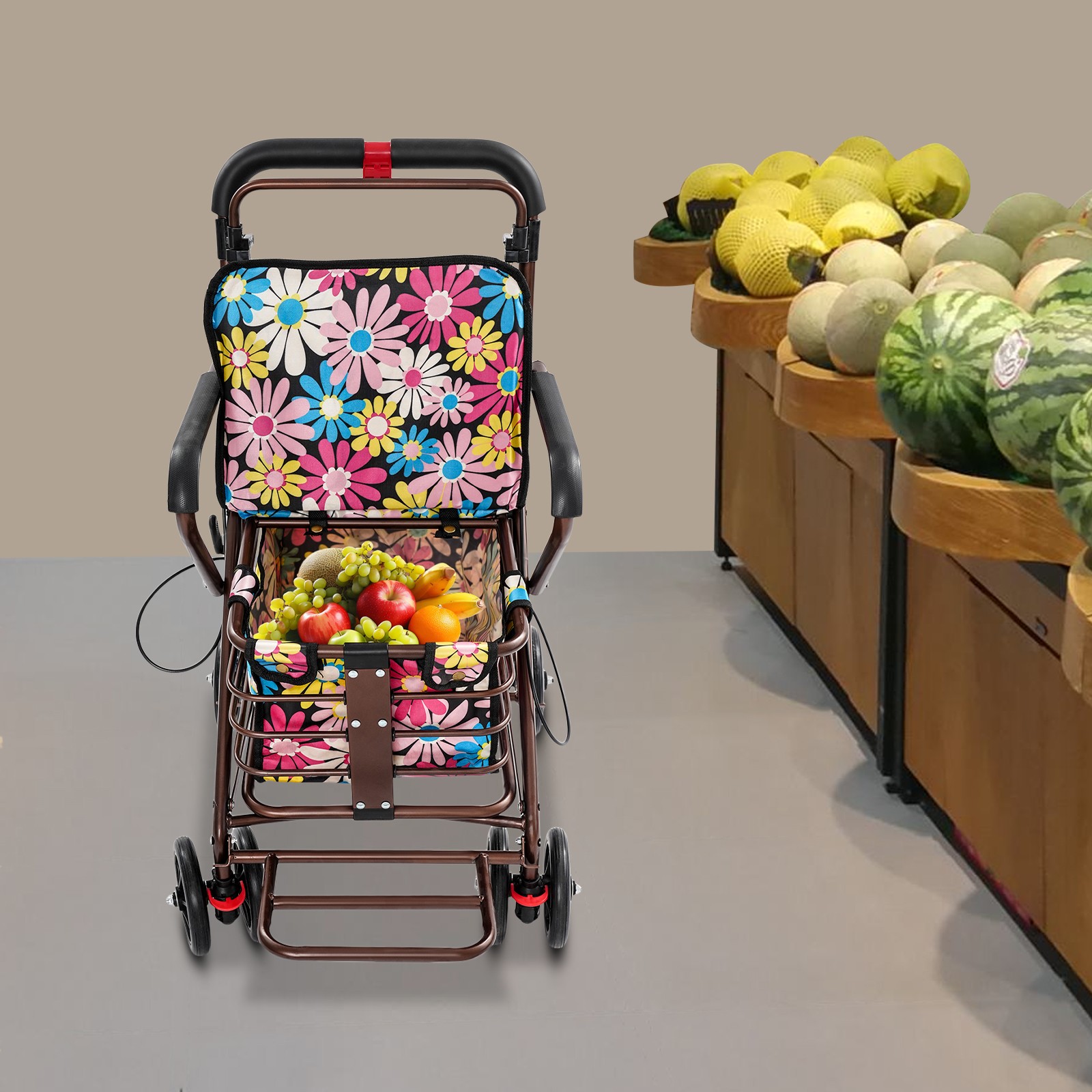 Foldable Shopping Cart, Shopping Cart with Seat for Elder Kids Max 100kg
