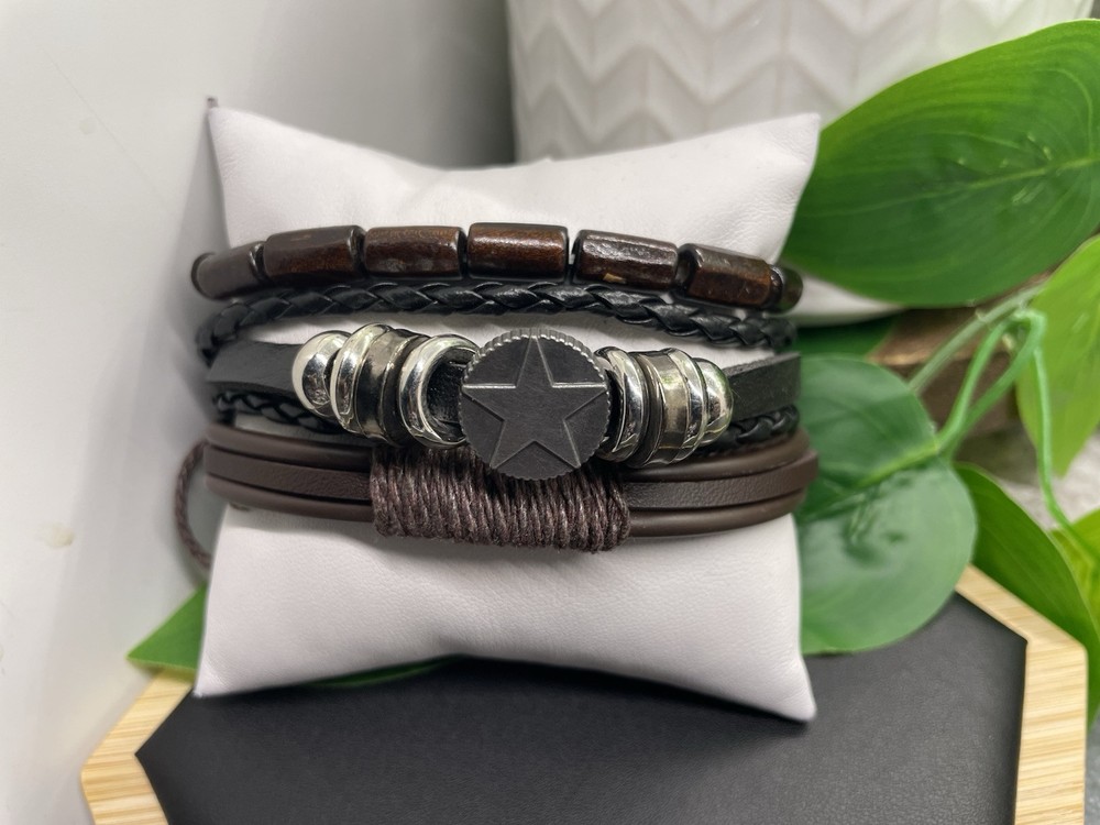 3 PC Leather Bracelet  Stackable Adjustable Tie Free Ship Star Charm B5207