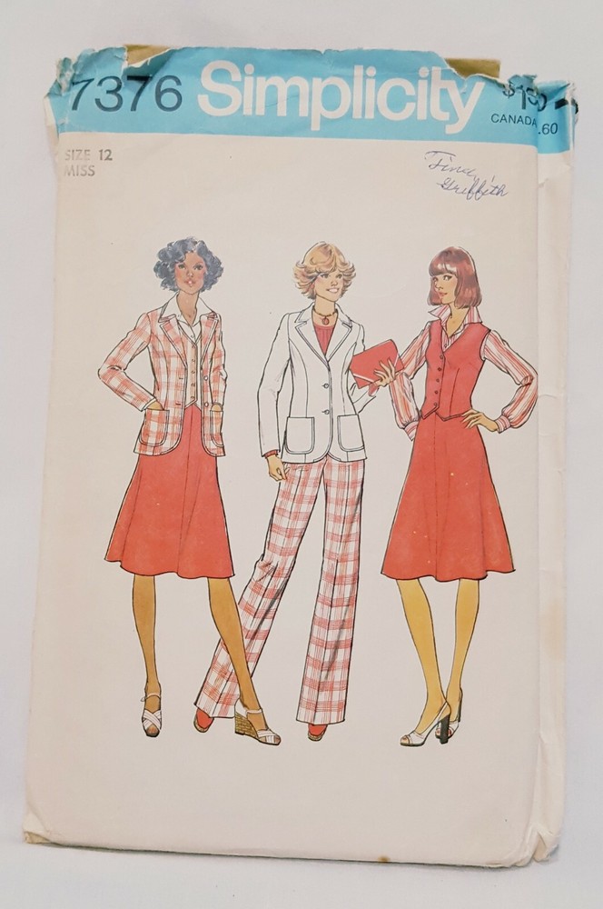 Unlined Jacket Vest Skirt Pattern 7376 Size Misses 12 Simplicity Precut 1976