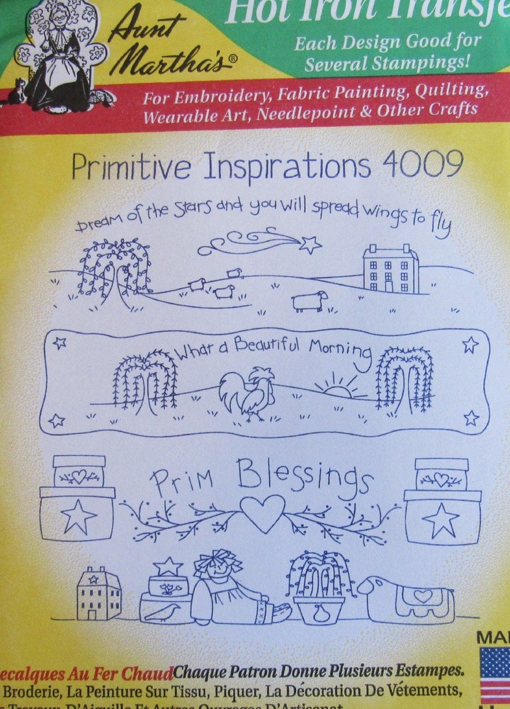 Aunt Martha's 4009 Primitive Inspirations Stitchery Embroidery Transfer Pattern