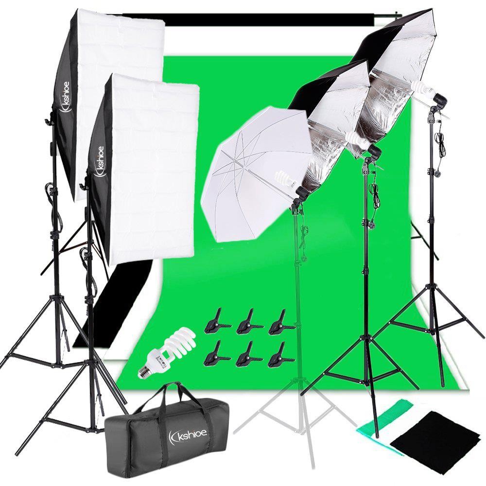 Photo Studio Photography Kit 4x Light Bulb Lighting 3 Color Backdrop Stand Set