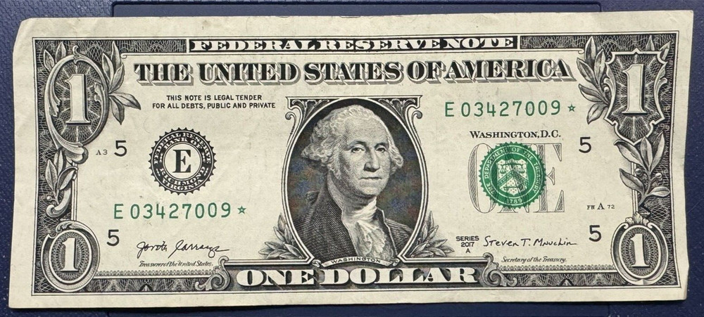 2017A $1 Dollar Banknote Star - E03427009* - Low Run - Orange Range! District E!