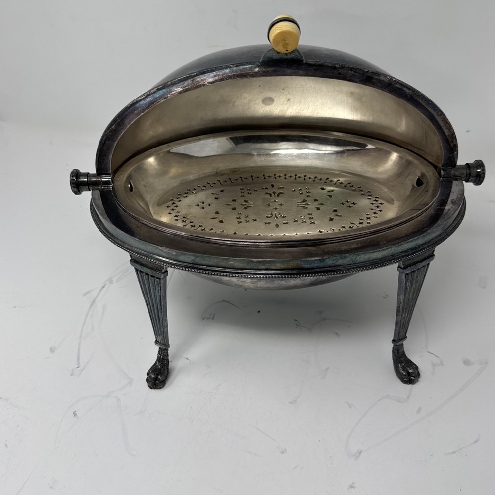Vintage Silverplate Roll Top Covered Serving Dish Chafing Dual Insert Footed