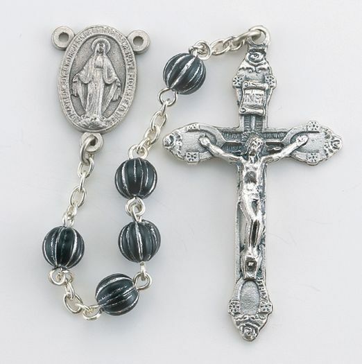 Black and Silver Rosary Engraved Beaded Rosary