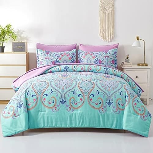 Comforter Set, 5 Piece Bed in a Bag, Boho and Lilac Damask Medallion Twin Aqua
