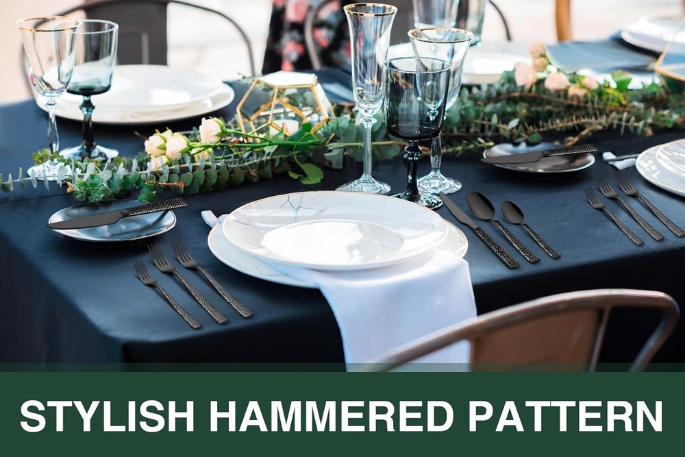 Black Hammered Silverware Set, 20-Piece Stainless Steel Square Flatware Set for