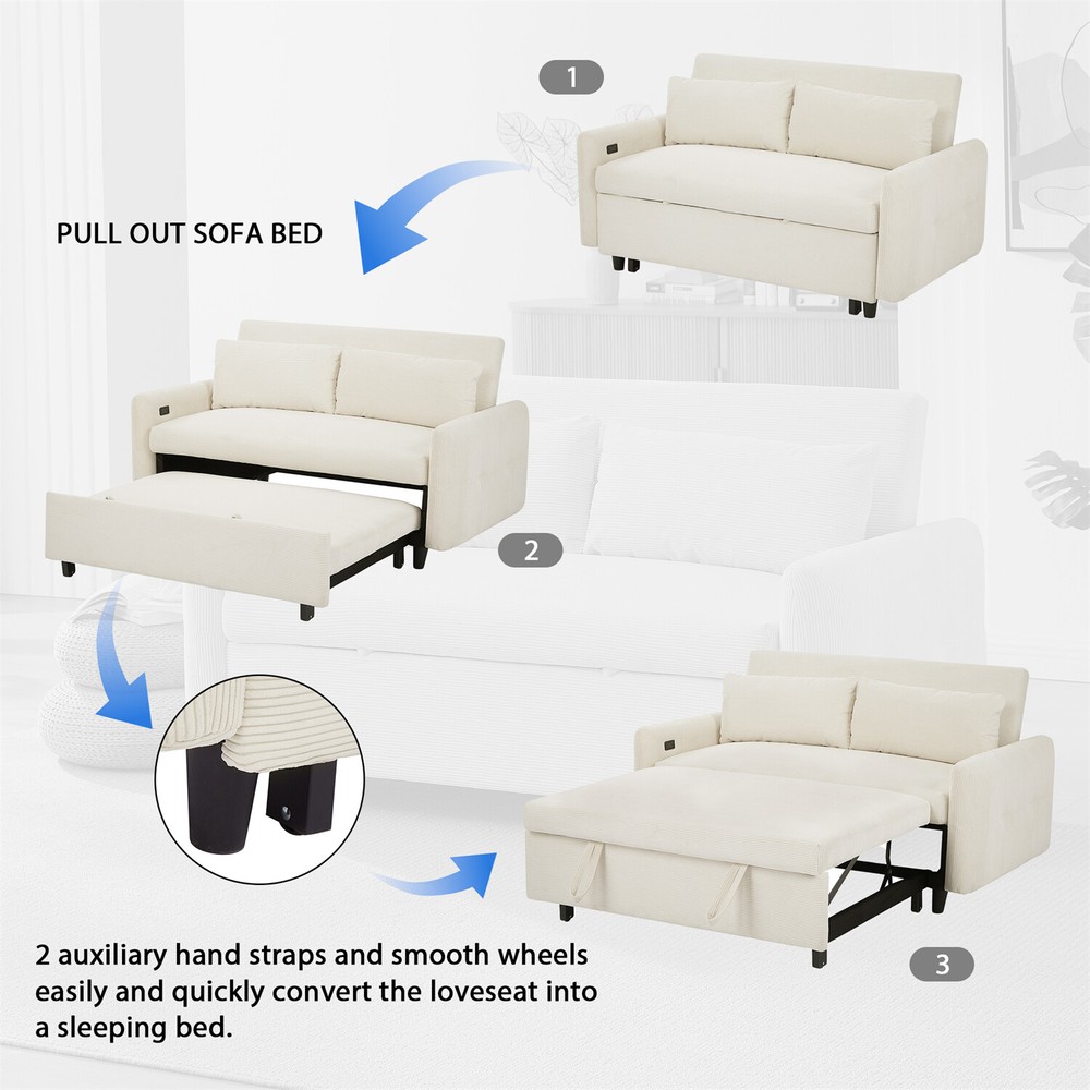 Convertible Sleeper Sofa Bed Loveseat Sofa w/ Pull Out Bed & USB Ports