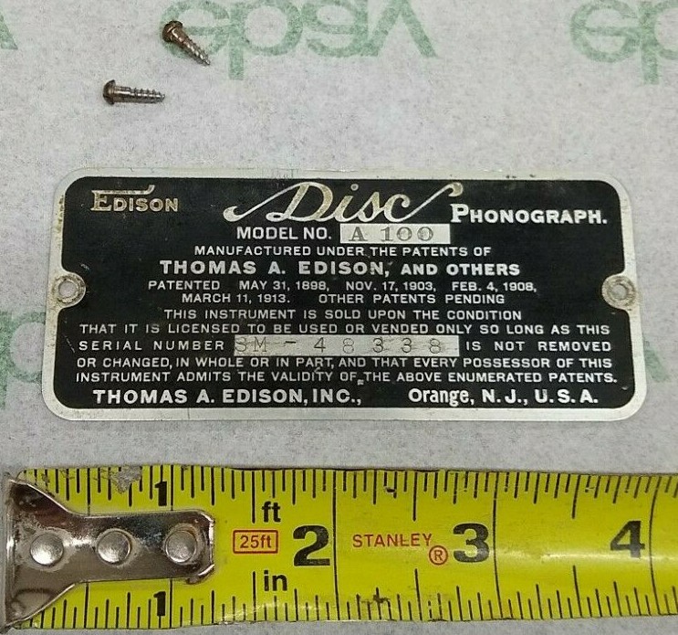 Edison Phonograph Diamond Disc Model A 100 Name Plaque Placard Part      TH