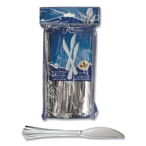 WNA Reflections Heavyweight Plastic Utensils, Knife, Silver, 40/Pack